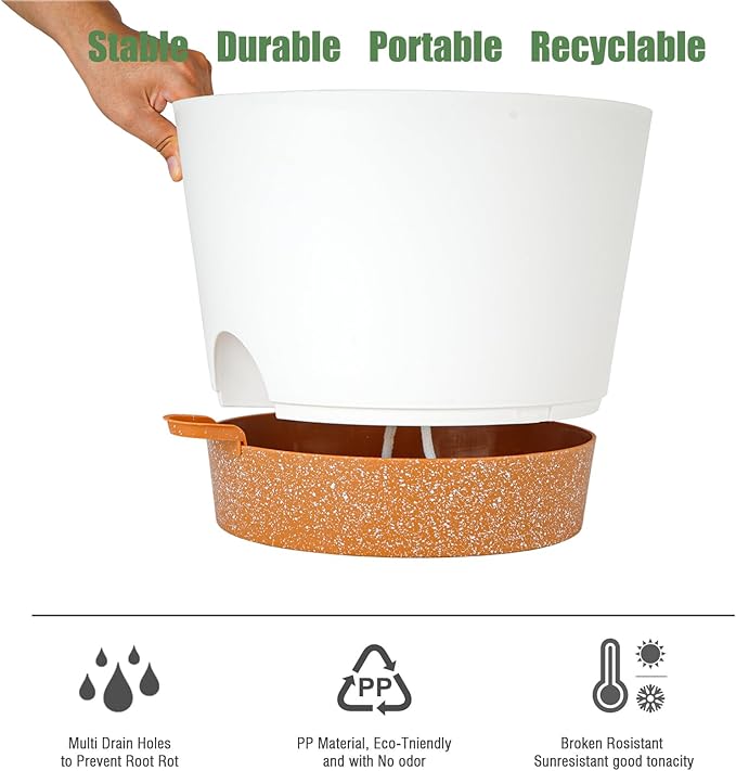 SwinDuck 12inch Large Self Watering Plant Pot, Plastic Cylinder Planter with 60Oz Deep Reservoir and Saucer for Indoor Outdoor Plants Flowers Houseplants, White with Brown