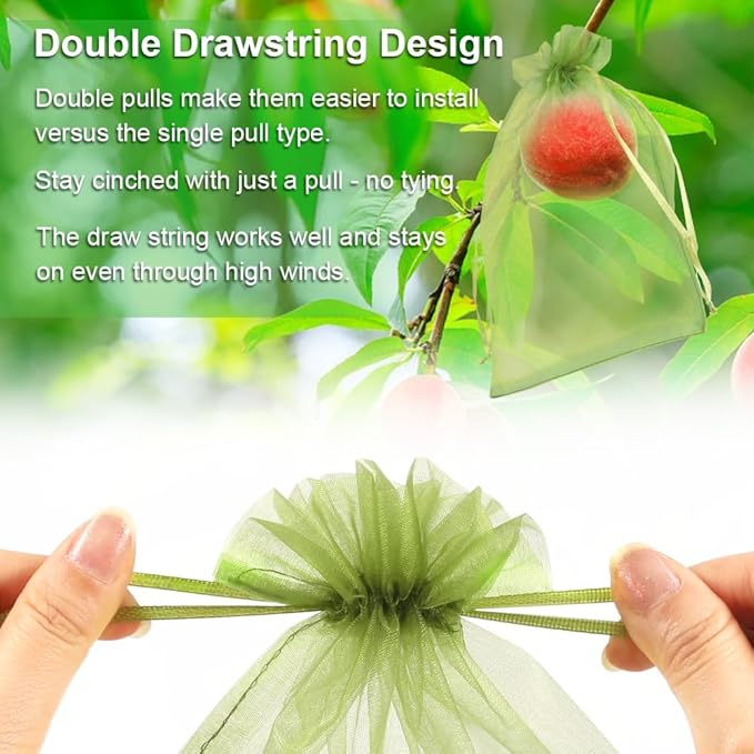 Shintop 100Pcs Fruit Protection Bags, 6x9 Inch Green Fruit Tree Netting Cover Drawstring Mesh Tomato Bags Pest Barrier for Apples Mango