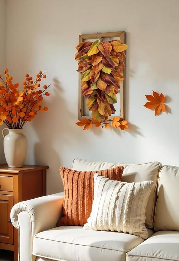 Autumn Foliage Teardrop Swag for Front Door – 27" Artificial Magnolia Leaf Garland Hanging Decoration – Fall Door, Thanksgiving Mantel & Wall Décor