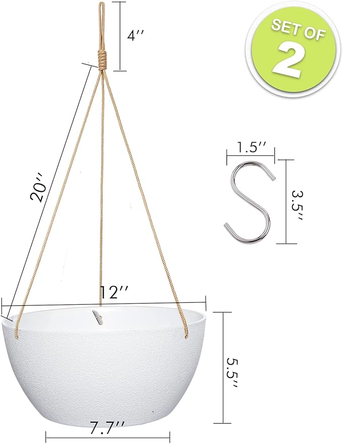 SwinDuck 12 Inch 2 Pack Large Hanging Planters for Indoor Outdoor Plants, Plastic Hanging Basket Pots for House Plants Flowers, White