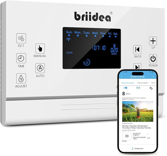 8 Zones WiFi Smart Sprinkler Controller, Briidea Automatic Irrigation Controllers with Customized Watering Schedule & Seasonal Adjustment, Water Efficiently and Keep Your Plants Healthy, MK-117