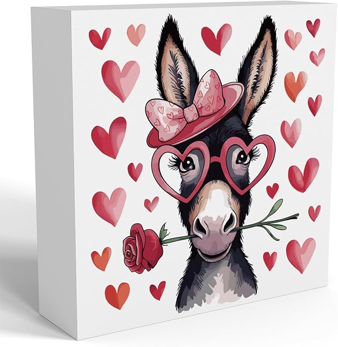 Valentines Day Decorations, Valentines Day Gifts for Her Him, Gift for Boyfriend Girlfriend, Pink Heart Rose Donkey Anniversary Wooden Box Sign Husband Wife Home Office Bedroom Desk Decor