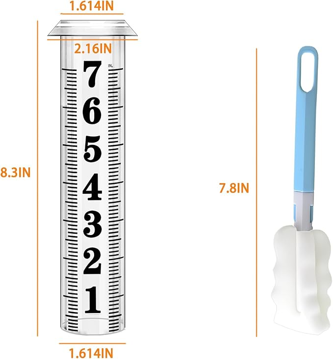 Rain Gauge Replacement Tube, Accurate Rain Gauges Outdoors Best Rated, 7" Capacity Plastic Rain Gauge Tube Replacement for Yard & Garden, Water Gauge for Rain, 1 Rainfall Meter Tube with 1 Clean Brush