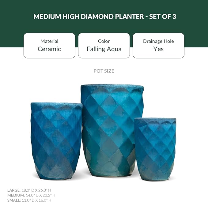 PLANTATOREM Medium High Diamond Planter Set of 3 - Falling Aqua Elegant Ceramic Pots with Drainage - Durable Indoor Outdoor Use - Matte Finish - 18" Diameter, 26" Height for Creative Arrangements