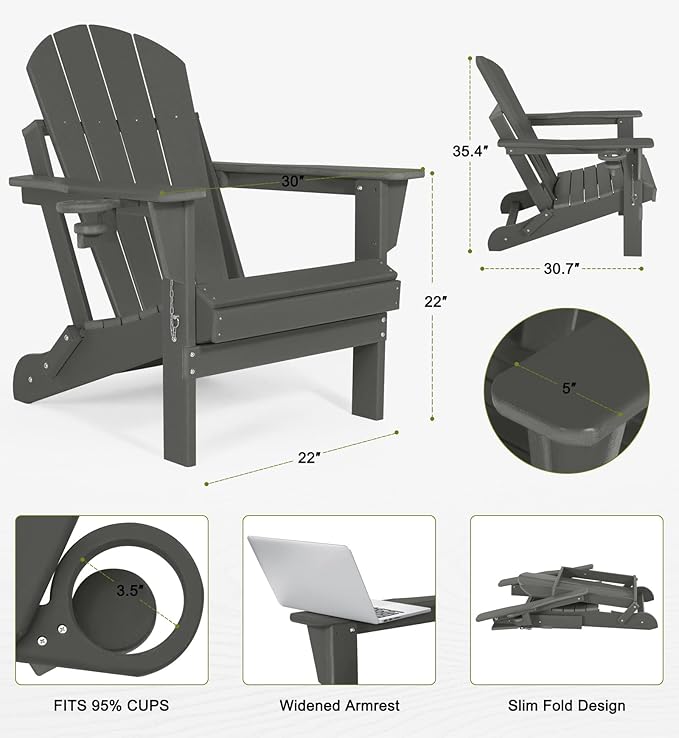 Folding Adirondack Chairs Set of 6 - Plastic Adirondack Chairs with Cup Holder, Weather Resistant for Outdoor, Patio, Lawn, Garden, Backyard Deck, Fire Pit - Dark Gray