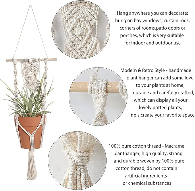 Artilady Boho Macrame Plant Hangers - Handmade Hemp Rope Hanging Baskets for Plants with Ceiling Hooks, Bohemian Home Decor Wall Art (White Wood Hanger)