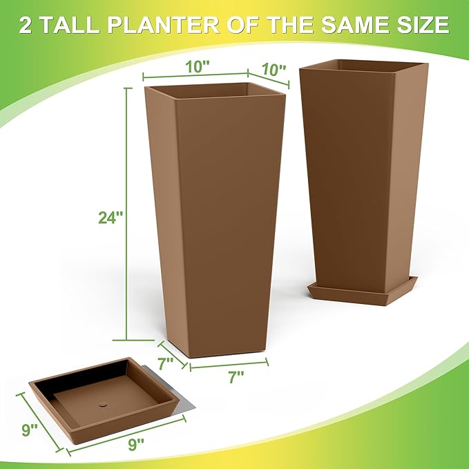 TUYOHW Set of 4 24" Tall Plastic Planters with Trays, Large Tapered Plant Pots for Indoor Outdoor Use, Modern Decorative Planters for Porch, Patio, Garden, and Backyard