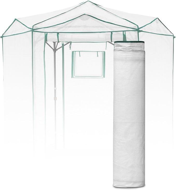 EAGLE PEAK Replacement Cover for 6.6x6.6 ft Hexagon Pop up Greenhouse, Front and Rear Roll-Up Zipper Entry Doors and 2 Roll-Up Side Windows (Frame Not Included), White