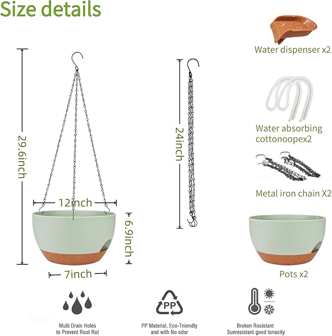 CNLBO 2 Pack Hanging Planters for Indoor Outdoor Plants, 12 Inch Self Watering Hanging Pot with Drainage Holes and Saucer, Plastic Plant Pots, Green Brown Flower Pots for Kitchen, Balcony, Garden