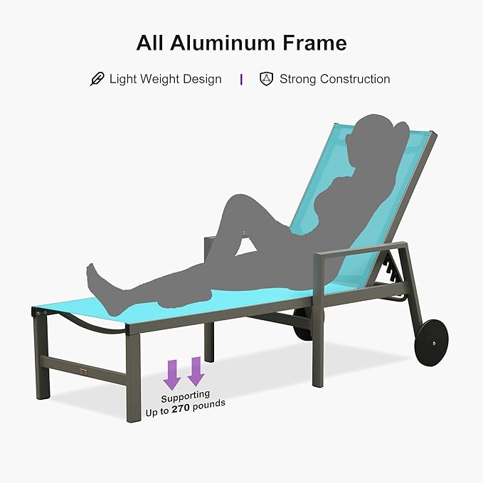 PURPLE LEAF Outdoor Chaise Lounge Set for 2 Aluminum Patio Chaise Lounger Chairs with Armrest and Wheels Adjustable Pool Chaise Lounge Chair for Beach Yard Poolside Table Included, Blue
