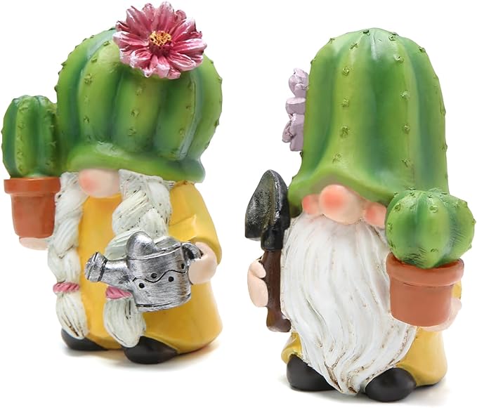 Hodao Cactus Gnome Figurines – Cute Hand-Painted Resin Gnome Statues for Spring and Summer Home and Garden Decor, Patio, Windowsill and Tiered Tray Accents(4.25 inch)