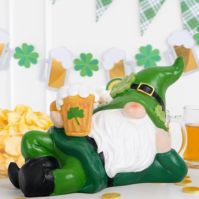 Hodao St. Patrick’s Day Gnome — Hand-Painted Resin Lounging Leprechaun with Beer Mug & Shamrock | Lucky Green Home, Bar & Party Decor, Fun Gift