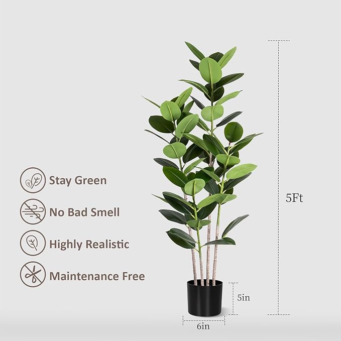Artificial Rubber Tree 5FT Tall Faux Ficus Tree with Potted Fake Tropical Plant Decorative House Plants Large Floor Plants Artificial Trees for Home