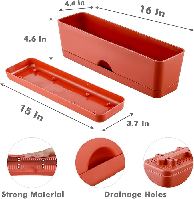 6-Pack Large Window Boxes16 Inch Rectangle Plant Box Rectangular Planters for Outdoor and Indoor Plants Plastic Windowsill Plant Pots for Herbs Vegetable Flowers Long Window Sill Planters