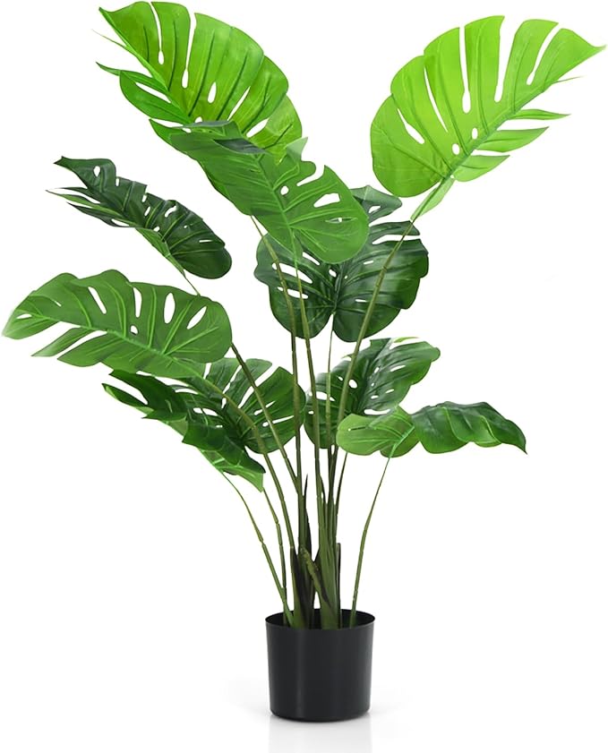 4FT Fake Monstera Deliciosa Plants, Faux Monstera Plant w/15 Turtle Leaves, Cement-Filled Plastic Pot, 60 Inch Fake Plant for Indoor Home Office Living Room Decoration