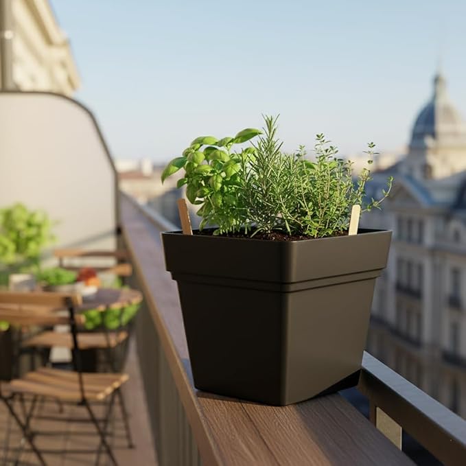 RooTrimmer 6-Pack 7'' Square Planters with Built-in Drainage Tray – Heavy-Duty Black Plastic Planter with Drainage Hole and Bottom Stopper, BPA-Free Black Plant Pots Matte Finish for Indoor Outdoor