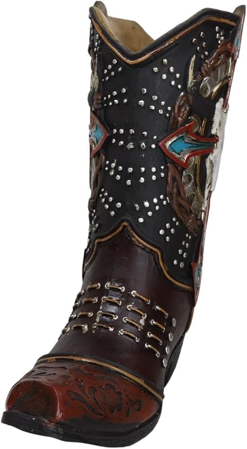 Ebros Gift Rustic Country Western Cow Skull Turquoise Cross and Barbed Wires Faux Tooled Leather Cowboy Boot Decorative Flower Vase Or Planter Figurine