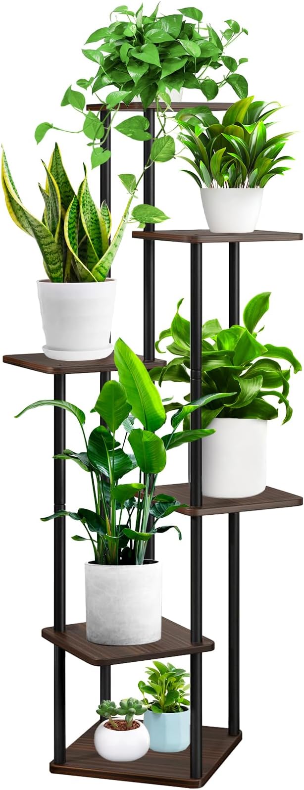 YOCOMEY 6 Tier Wood Tall Plant Stand Metal Rack Indoor, Multiple Flower Pot Holder Shelves Corner Rack, Planter Shelf Display Rack Storage Organizer for Patio Living Room Balcony Garden(Black Oak)