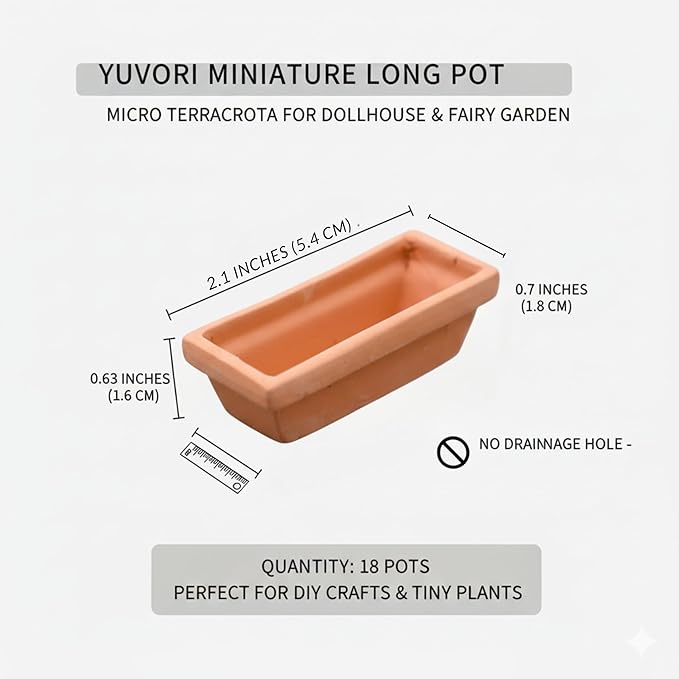 Yuvori Mini Terracotta Pots – Small Clay Flower Pots for Succulents, Cactus, DIY Crafts, Fairy Garden, School Projects – Set of 18 (Long Pot, 2.1 Inch)