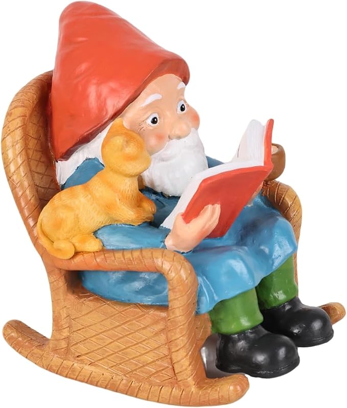 Cat Garden Gnome Statue,Resin Gnome Figurine Reading Book Sculpture, Hand Painted Outdoor Decoration for Patio, Lawn, Yard, or Porch, Whimsical Garden Ornament Gift