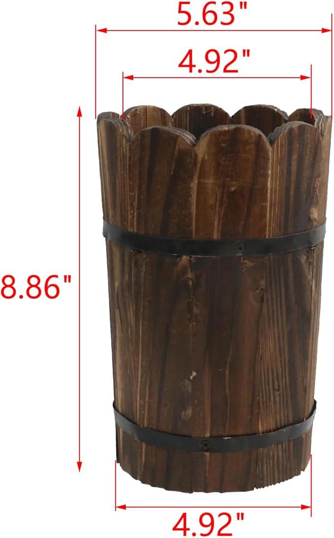 MY MIRONEY Wooden Barrel Planter Vintage Style Wood Bucket Rustic Garden Flower Plant Pots Container, Wave Mouth, 5.63" x 8.86"