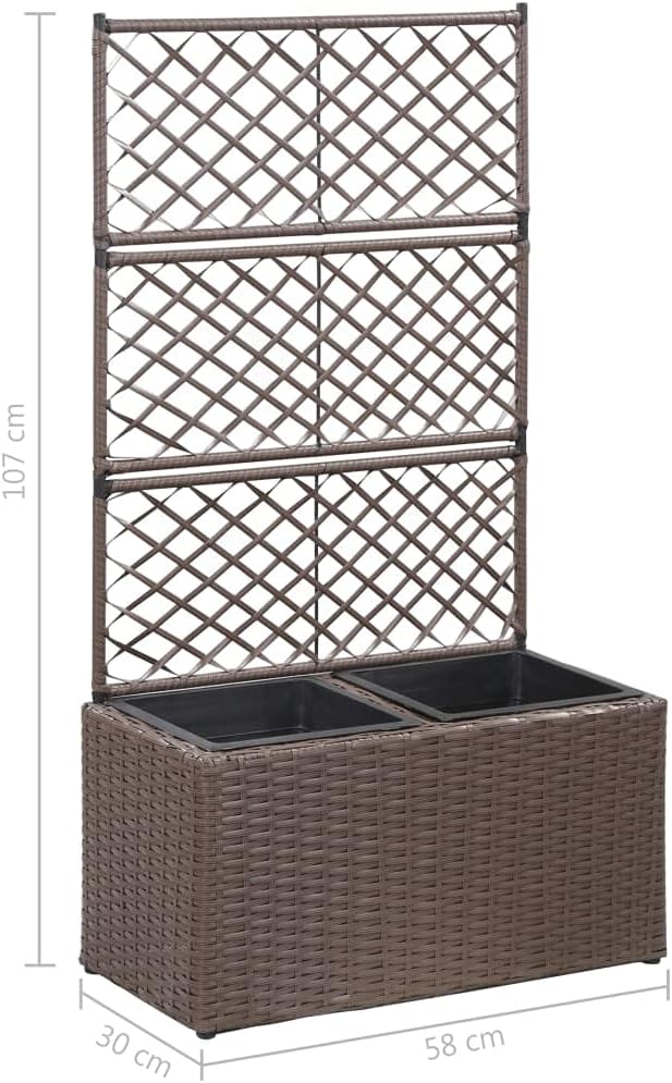 vidaXL Poly Rattan Brown Trellis Raised Bed - 2 Removable Pots with Large Flower Boxes - Built-in Support for Climbing Plants - Outdoor Patio Garden Decoration