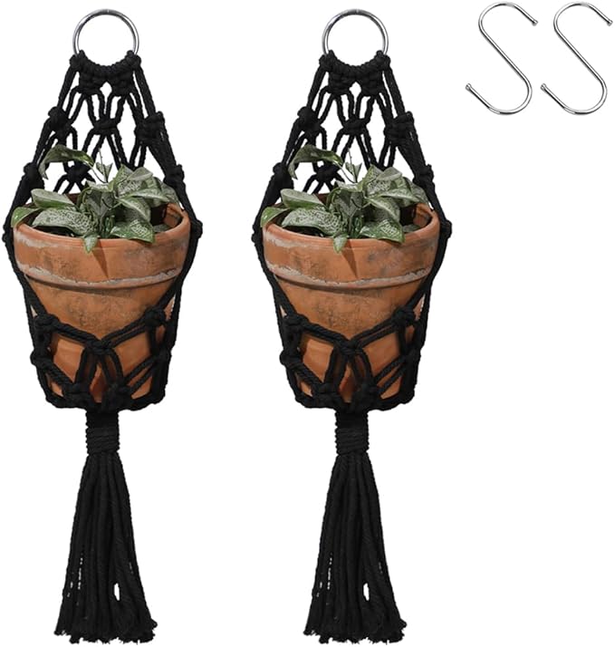 Artilady 2 Pack Black Macrame Plant Hanger Indoor - Large Hanging Planters for Wall Plants Holder Short Hademade Boho Farmhouse Rustic Home Decor (Black Plant Hanger)