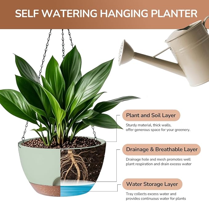 LESOASIS Hanging Planter for Indoor Plants, 10 Inch Self-Watering Hanging Planters with Drainage Holes and Chain, Set of 2 Outdoor Hanging Pots for Garden Home