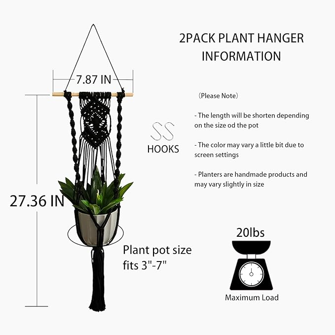 Artilady Black Plant Hanger Macrame Hanging Planter for Indoor Boho Plants Holder with Hooks Hanging Plant Basket Outdoor Window Wall Plants Home Decor (Black Wood Hanger)