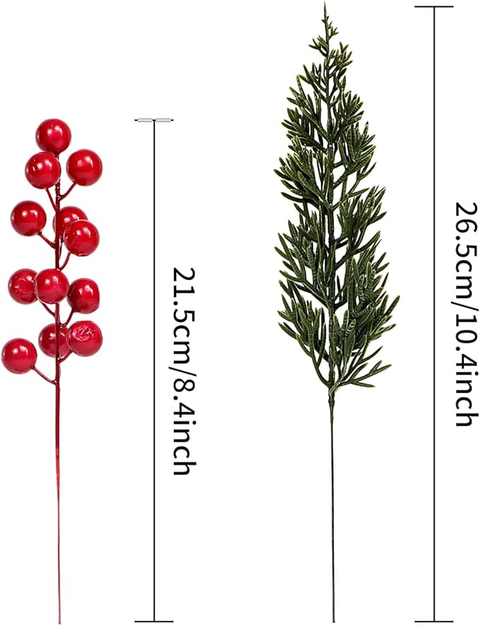 40 Pcs Artificial Pine Branches with Red Berry Picks 11" Winter Christmas Greenery Fake Juniper Leaves Norfolk Pine Stems Needles for DIY Craft Wreath Garland Vase Filler Home Decoration (40, Green)