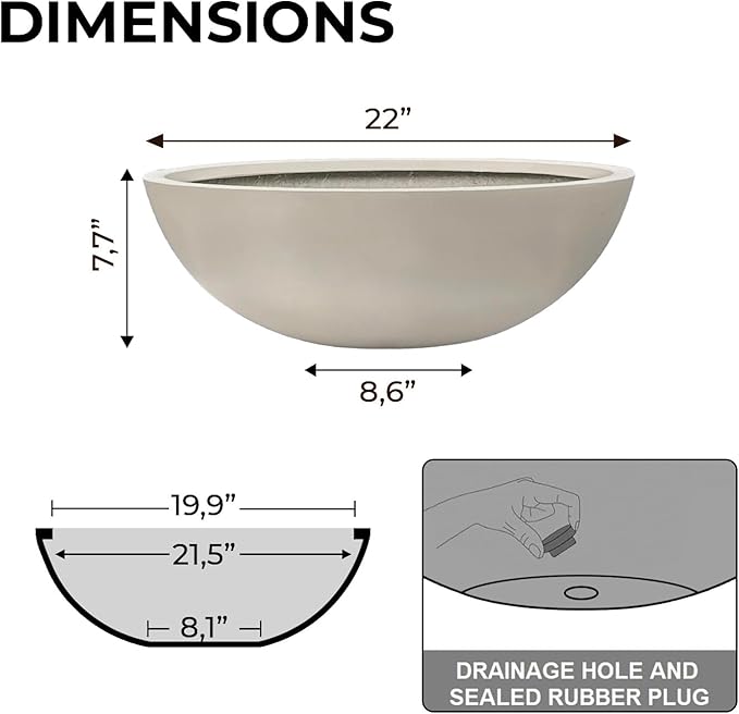 KUTE NEST 7.7" H x 22" D Round Bowl Fiberstone Planter for Succulent and Lotus with Drainage Hole, Smooth Finishes, Weather Resistant, Included 2 Extra Coco Mats (Taupe, 19.9" Pot Opening)