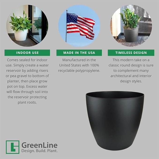 Greenline Manufacturing Memphis 13" Round Indoor Floor Planter Pot – Lightweight & Durable Plastic, Modern Design, Made in USA, Recyclable Large Plant Container for Home & Office Décor (White)