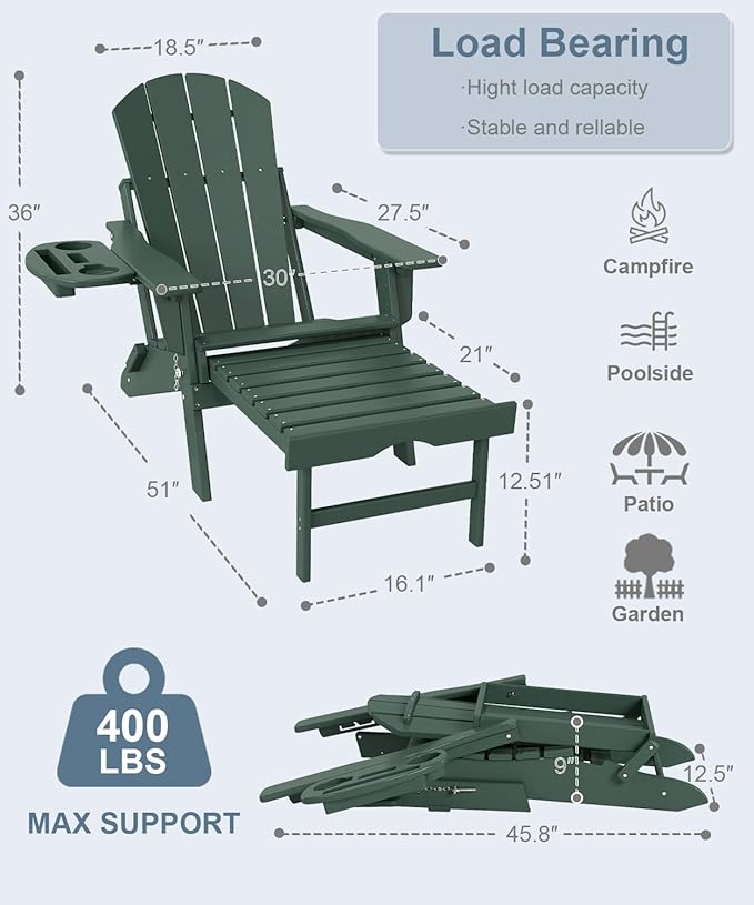 Adjustable Adirondack Chair with Retractable Ottoman Set of 8, HDPE Folding Adirondack Chair with Cup Holder, All Weather Fire Pit Chair for Outdoor.