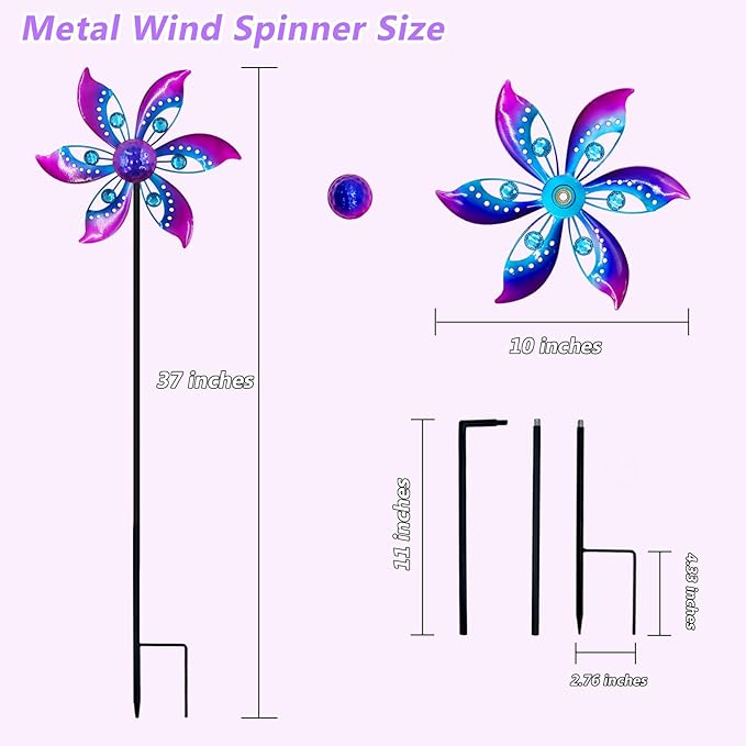 Gronhof Wind Spinners Outdoor Metal, 10.63" W*37" H Pinwheels for Yard and Garden Decor, Kinetic Wind Sculpture Spinner Yard Art (Purple)