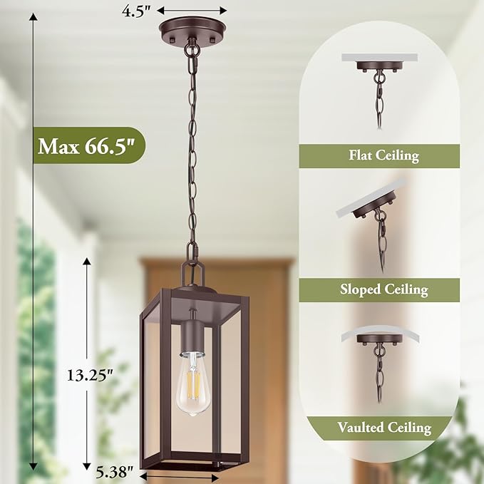 BesLowe 1-Pack Outdoor Pendant Light, 13” Modern Hanging Lantern Light for Outside, Brown Exterior Pendant Lighting Fixture with Adjustable Chain, Outdoor Chandelier for Porch, Gazebo, Front Door