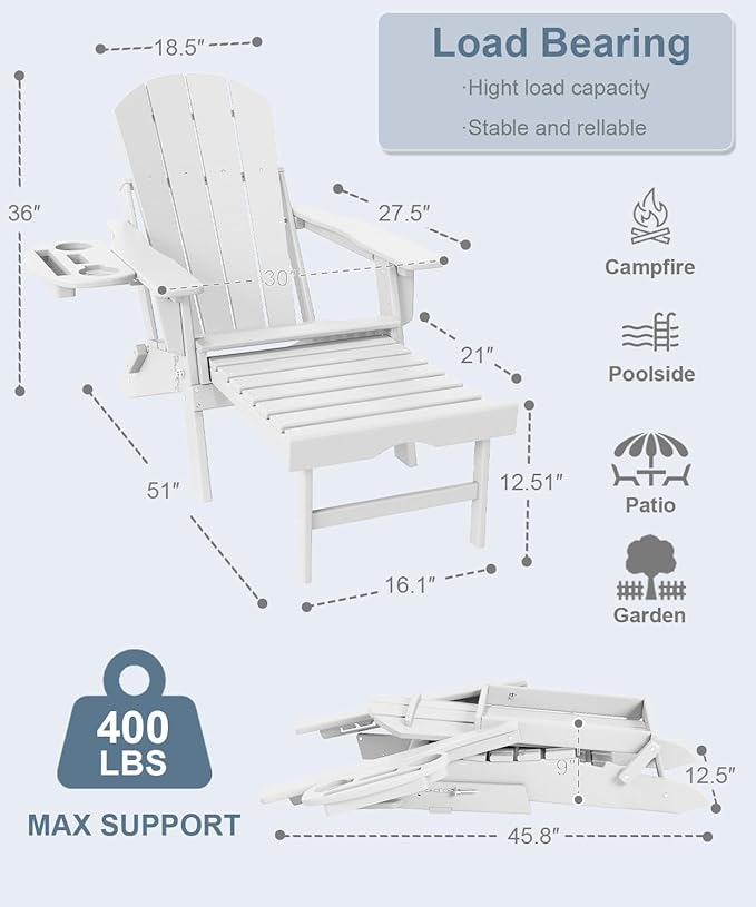Adjustable Adirondack Chair with Retractable Ottoman Set of 4, HDPE Folding Adirondack Chair with Cup Holder, All Weather Fire Pit Chair for Outdoor.