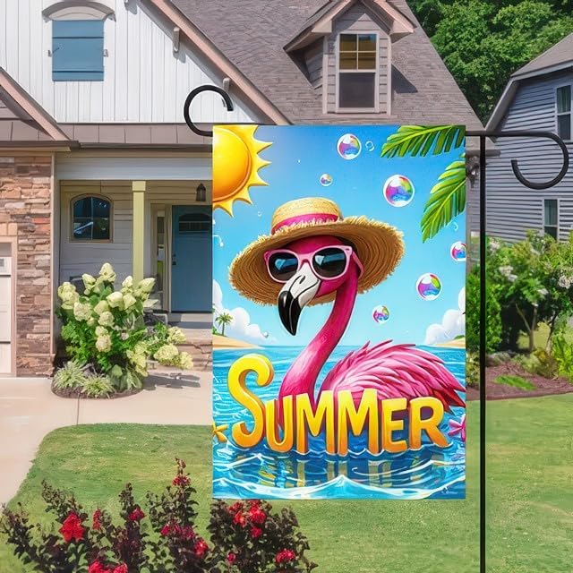 Hello Summer Flamingo Welcome Garden Flag 12 x 18 Inch Double Sided Ocean Beach Tropical Plant Farmhouse Small Yard Flag Summer Seasonal Holiday Outdoor Outside Decoration