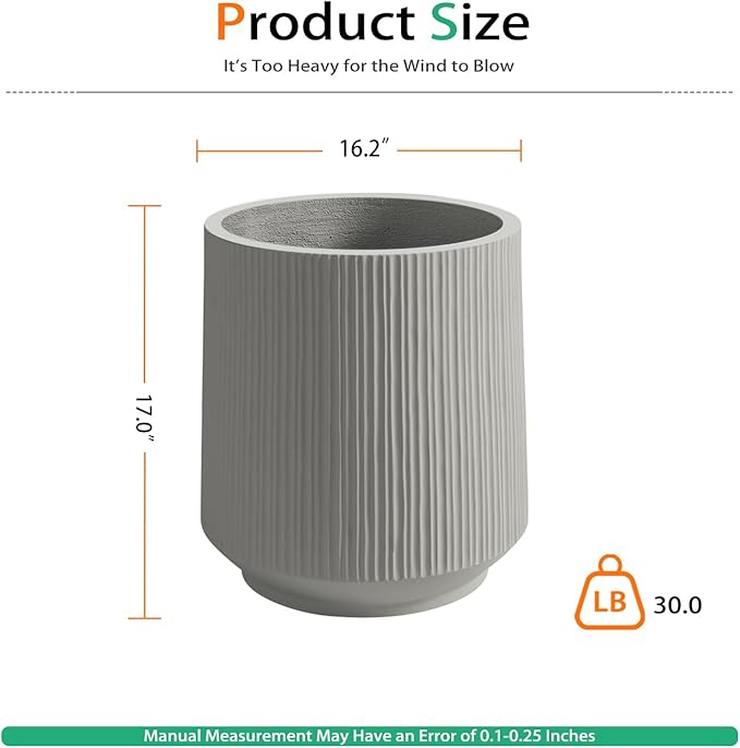 Heyzier Concrete Planter Outdoor Indoor, Large Cement Plant Pots with Saucer for Trees Flowers (Vertical Gray, 17 inch)
