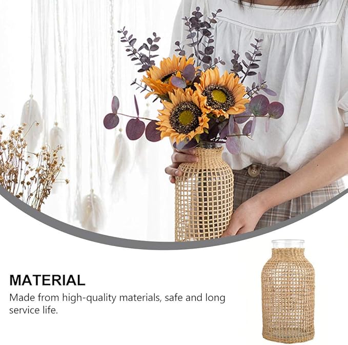 DOITOOL Rattan Vase Boho Woven Glass Vase, Country Rustic Style Wicker Floral Container, Farmhouse Flower Bottle for Floral Arrangements Housewarming Wedding Party Decoration (S+L)