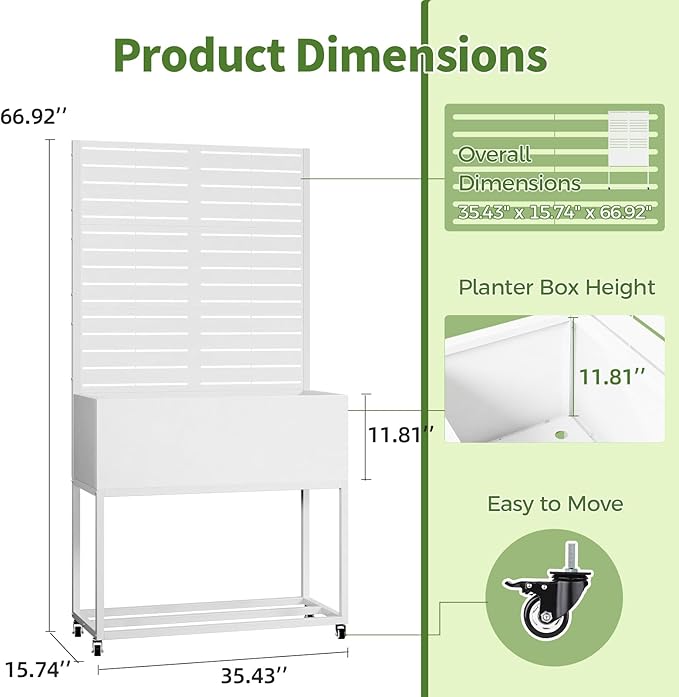 Metal Planter Box with Trellis,67" H x35 W Raised Garden Beds with Privacy Screen for Climbing Plants Flower, Elevated Standing Planter Garden Bed with Drainage Holes for Outdoor Patio,White