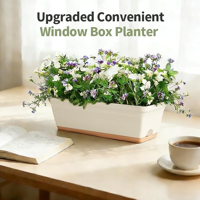 Window Box Planter, 6 Pack Plastic Vegetable Flower Window Planters Boxes 16 Inches Rectangular Flower Pots with Drainage Holes and Saucers (Mixcolor)