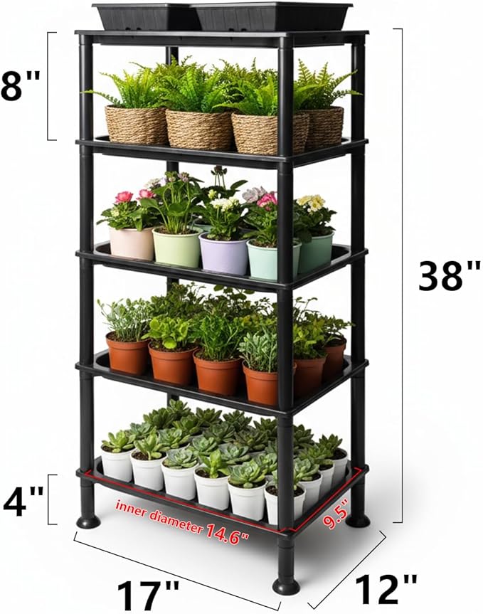 5-Tier Seed Starter Trays Plant Stand, with Bottom-Watering Design– Reinforced Thickened Shelf for Small Pots, Balcony/Indoor Seed Starting & Greenhouse, Black