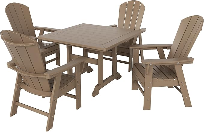 WestinTrends Malibu 5 Piece Adirondack Outdoor Dining Set, All Weather Poly Lumber Patio Table and Chairs Furniture Set, 43" Trestle Square Dining Table and 4 Adirondack Dining Chair, Weathered Wood