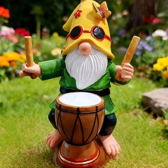 Garden Gnome Outdoor Decorative Statue, Yellow Hat with Sunglasses, Green Outfit, Drummer Design for Patio and Lawn Decor