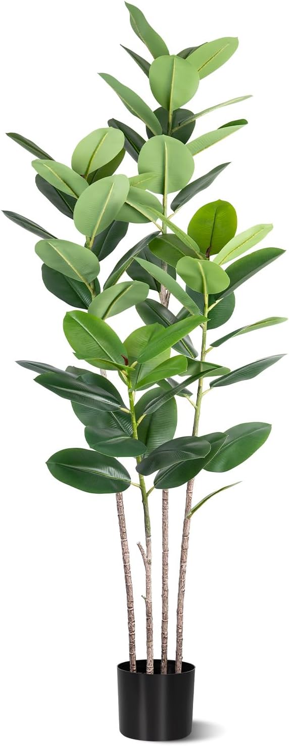 Artificial Rubber Tree 5FT Tall Faux Ficus Tree with Potted Fake Tropical Plant Decorative House Plants Large Floor Plants Artificial Trees for Home
