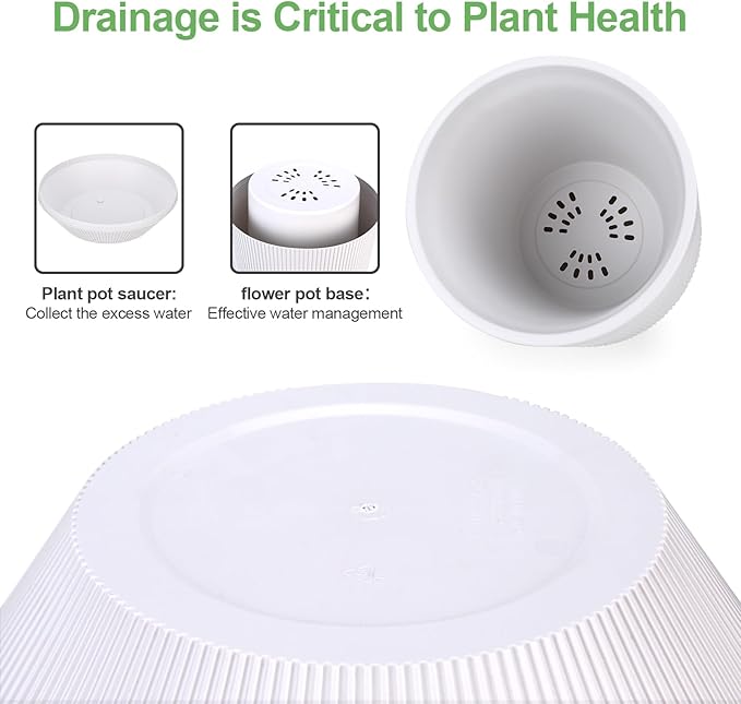 Yaghpy Plant Pots，Set of 2 Plastic Large Pots for Indoor Plants,Flower Pots Outdoor Planters with Drainage Hole and Seamless Saucer,(White 12Inches)