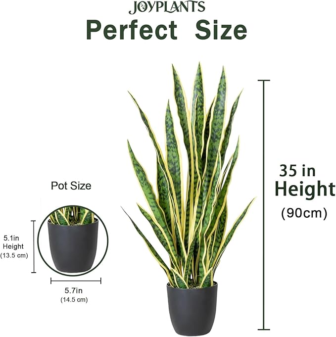 Fake Snake Plant, 35" Fake Potted Plants with Black Pot Realistic Artificial for Home Decor, Low Maintenance No Watering Needed Faux Plants for Desk Corner Office & Pet Areas(Yellow-35in)