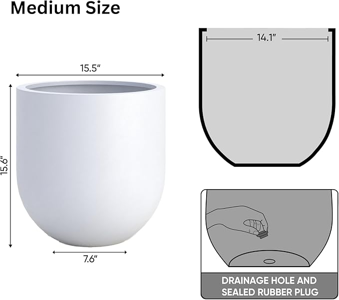DTY Signature Mount Antero 15.7''D x 15.7''H Modern Indoor Outdoor Fiberstone Bullet Shaped Planter, Durable Round Garden Pot, Weather Resistant, Drainage Hole & Rubber Plug - Medium, White