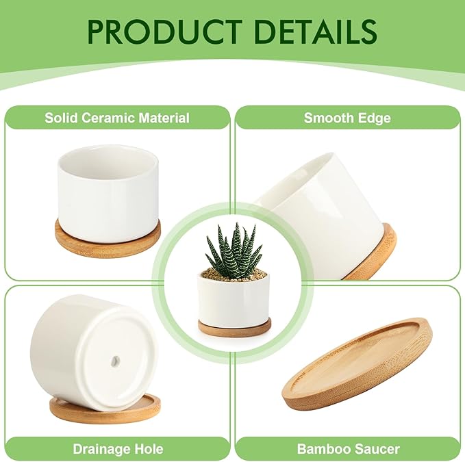 ZOUTOG Ceramic Succulent Pots,4 Inch Plant Pots,Succulent Planters with Drainage Hole & Bamboo Tray for Indoor Plants,White Small Flower Planters for Home,Office,Desk(6 Pack)
