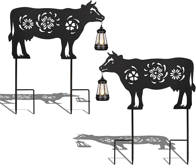 2Pack Solar Outdoor Garden Lights Stakes Solar Metal Flower Cow Lawn Deco Statue Patio, Outdoor Decor, Garden Decorations, Lawn Ornaments